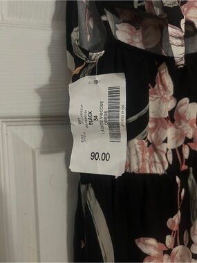 Black Midi Dress with Pink Floral Print and Smocked Waist